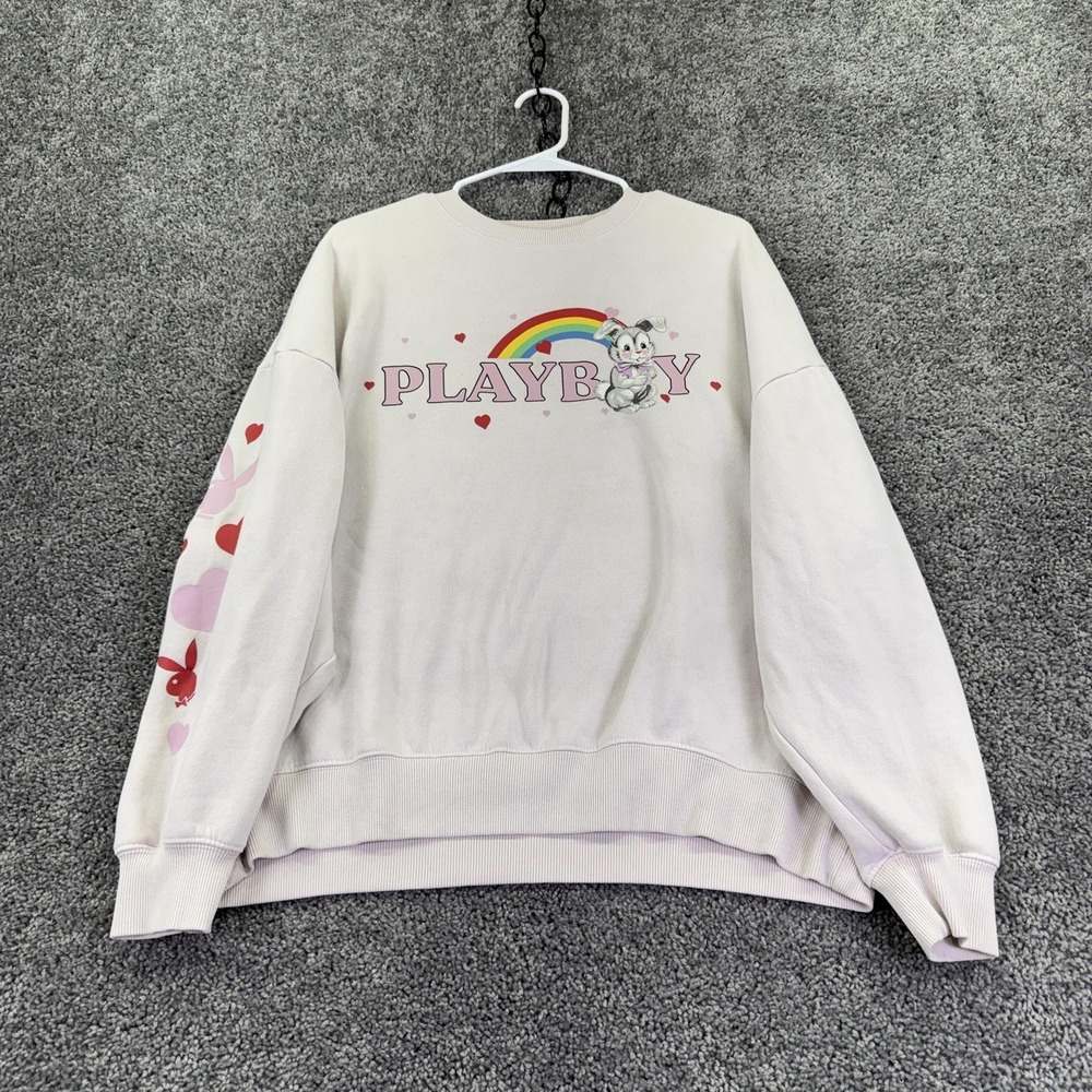 Playboy By PacSun Sweatshirt Womens One Size Pink Rainbow Bunny Hearts Graphic